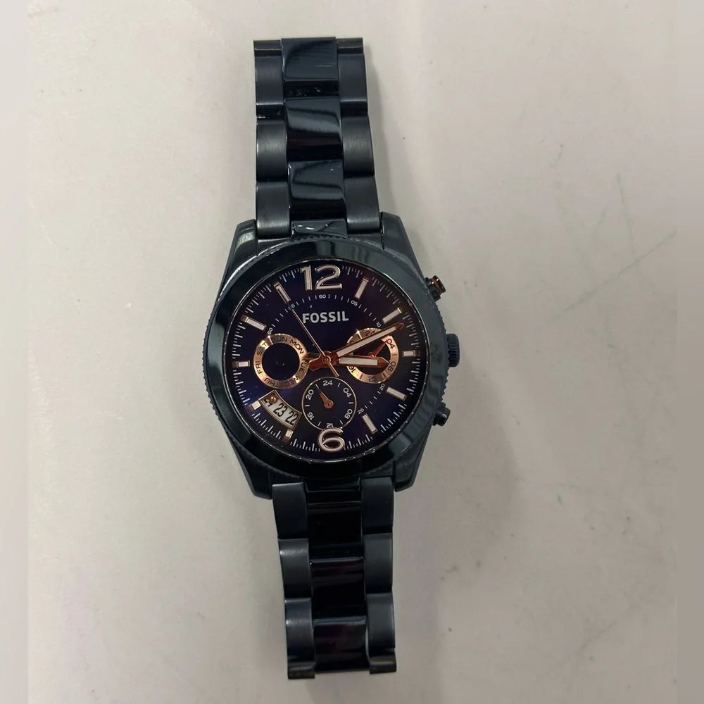 Fossil Perfect Boyfriend Blue Stainless Steel Chronograph Watch w/Rose Gold - Picture 1 of 8